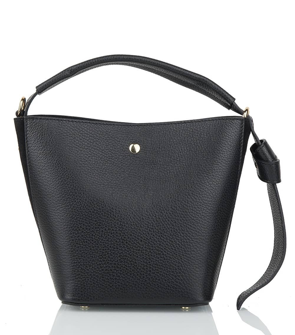 Introducing the SMALL LEATHER BUCKET HANDBAG by LE BORSETTE: This sleek white handbag boasts a structured design with a single top handle and detachable crossbody straps. With its minimalistic style and tiny gold accent on the front, its clean lines and smooth texture provide a modern, sophisticated look.