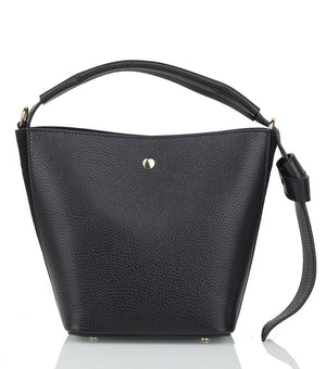 Introducing the SMALL LEATHER BUCKET HANDBAG by LE BORSETTE: This sleek white handbag boasts a structured design with a single top handle and detachable crossbody straps. With its minimalistic style and tiny gold accent on the front, its clean lines and smooth texture provide a modern, sophisticated look.