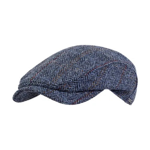 The WIGENS Ivy Contemporary Harris Tweed Cap in blue features a classic herringbone pattern with red and gray accents, a curved brim, and is crafted from pure virgin wool for timeless style.