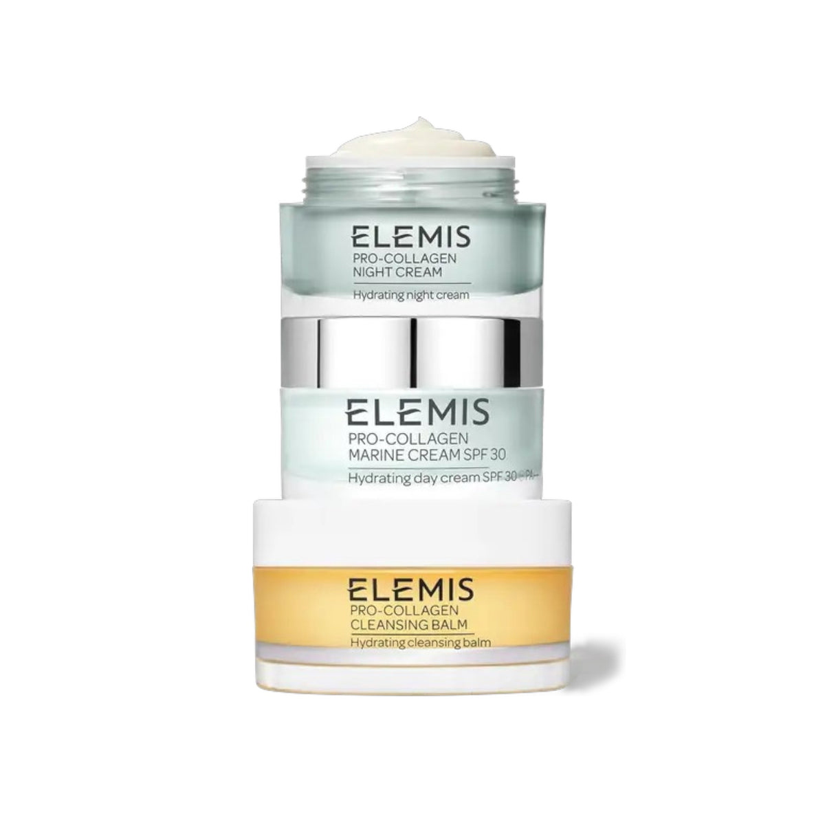 A dark textured rectangular box stands beside three stacked skincare containers labeled &quot;ELEMIS.&quot; The ELEMIS - PRO-COLLAGEN HEROES GIFT SET by ELEMIS - STEINER includes a cleansing balm, day cream, and night cream for hydration.