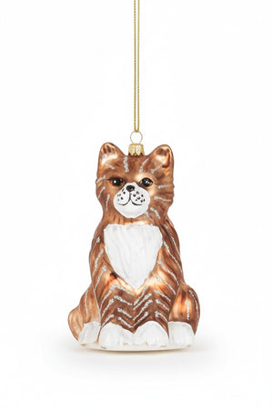 TABBY CAT ORNAMENT made of glass featuring brown tabby stripes, a white chest, and white paws.