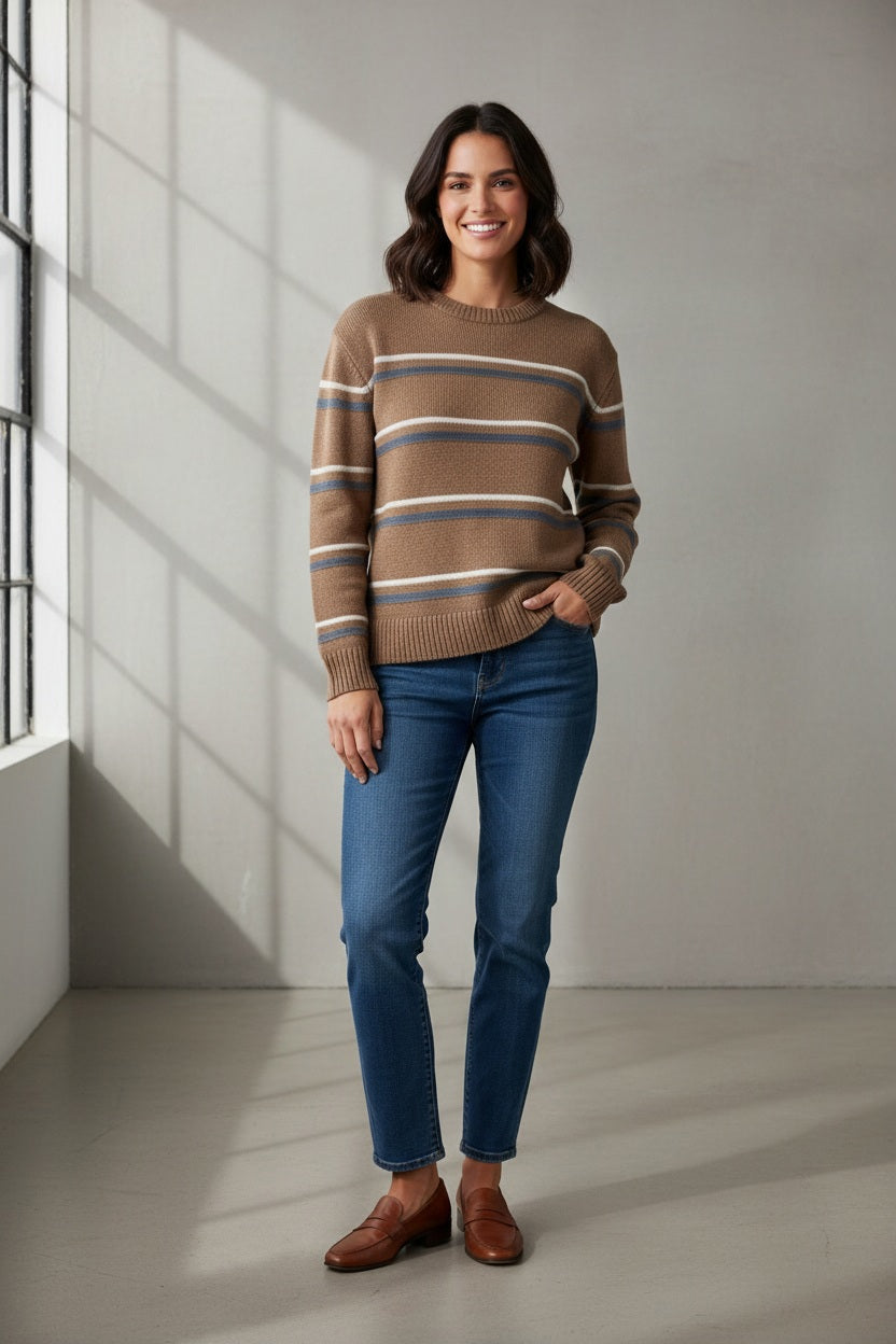 The KINROSS CASHMERE Textured Stripe Crew Neck Linen Sweater features a brown knit, blue, white, and gray textured stripes, long sleeves, and ribbed cuffs, hem, and neckline.