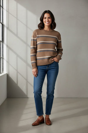 The KINROSS CASHMERE Textured Stripe Crew Neck Linen Sweater features a brown knit, blue, white, and gray textured stripes, long sleeves, and ribbed cuffs, hem, and neckline.