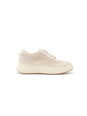 The MIRACLE MILES DOLEA SUEDE WOVEN KNIT SNEAKER features beige suede, a chunky platform sole, and lace-up front for casual elegance, shown in profile on a white background.