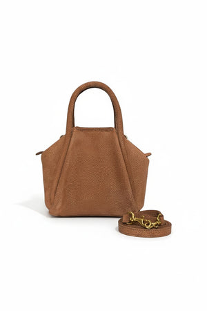 Small brown structured OLIVEVE Mini Taya Top Handle Crossbody in brandy nubuck, featuring a top handle, detachable strap, and gold-tone hardware.