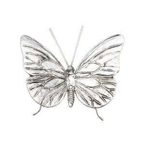The ZODAX PEWTER BUTTERFLY is a silver metallic sculpture with textured wings, slender antennae, and thin legs. Measuring 4.25 x 3.25 x 1.75 inches, it’s perfect for display in a small box or on a shelf against any backdrop.