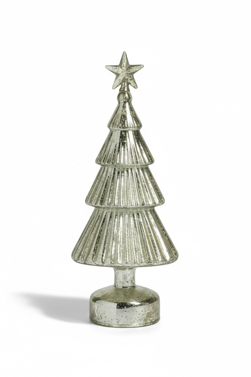 A silver-toned, ribbed CHAMONIX VINTAGE LED TREE WITH STAR 11″ ornament topped with a star, standing on a circular base.