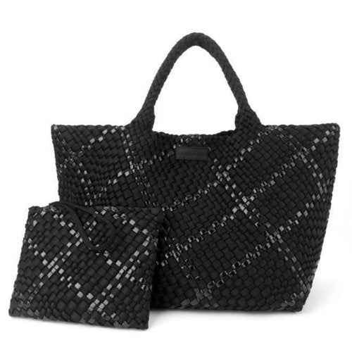 The PARKER &amp; HYDE Oversized Woven Tote Bag is a hand-woven black tote with a matching pouch, both featuring a subtle crisscross pattern. The versatile tote has short handles and a sturdy texture, while the pouch includes a convenient zipper closure.