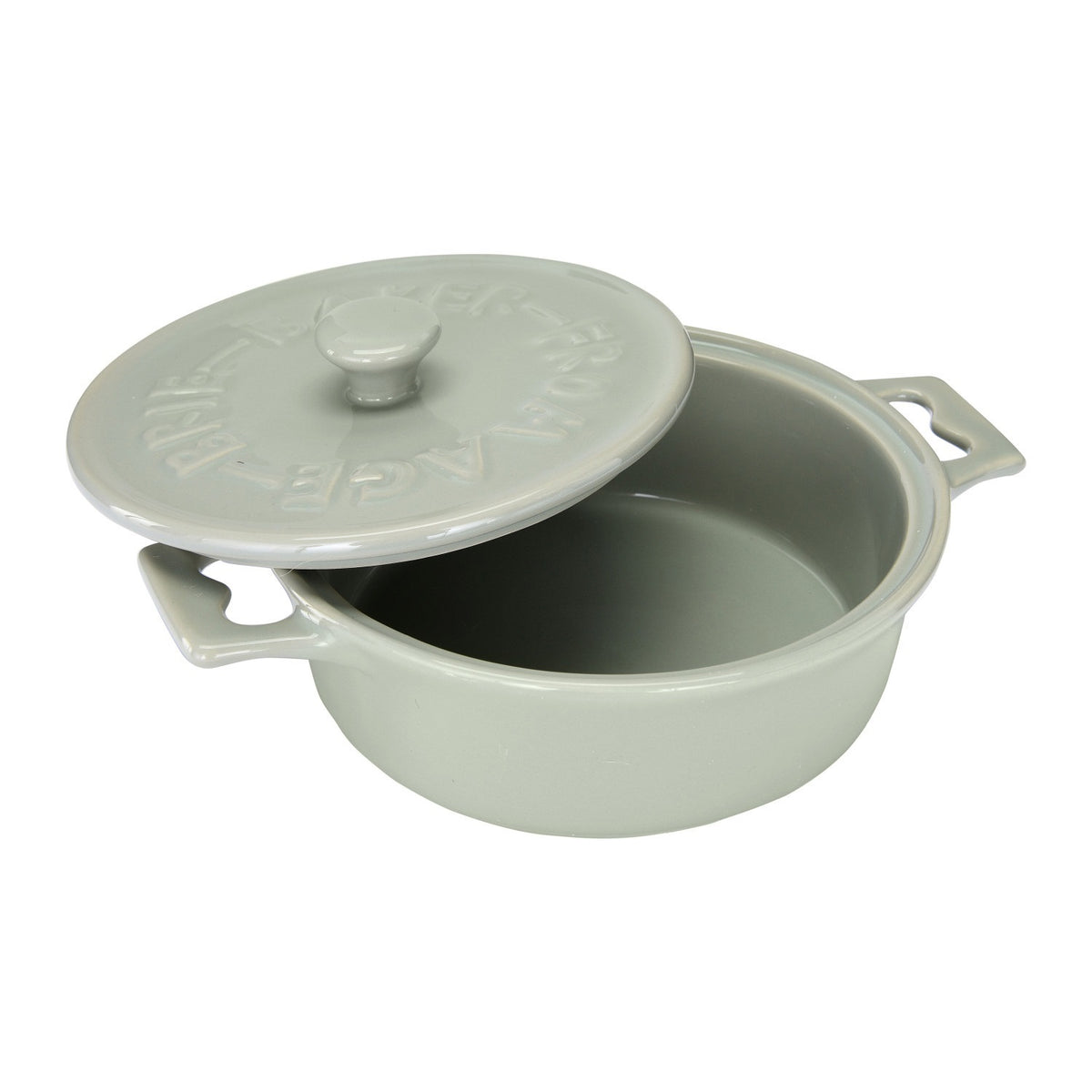 Set of two CREATIVE COOP stoneware brie bakers with lids—one gray, one white—each featuring handles and a matching wooden spreader tied on top.