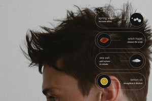 Close-up of a young man with wet, tousled hair styled using JACK HENRY - HAIR REFRESH by JACK HENRY. Water droplets glisten on his skin as he looks down seriously against a plain, light background.