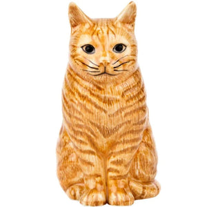 The QUAIL DESIGNS QUAIL CERAMICS - VINCENT FLOWER VASE, shaped like an orange tabby cat, holds a bouquet of bright yellow flowers and green leaves.