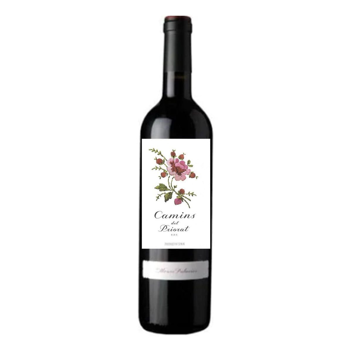 A dark wine bottle with a white label adorned with a pink flower illustration and the text “Camins del Priorat 2024,” this ALVARO PALACIOS ‘CAMINS DEL PRIORAT’ from WINE: ADVINTAGE highlights Garnacha grapes and displays a smaller silver label near the base.