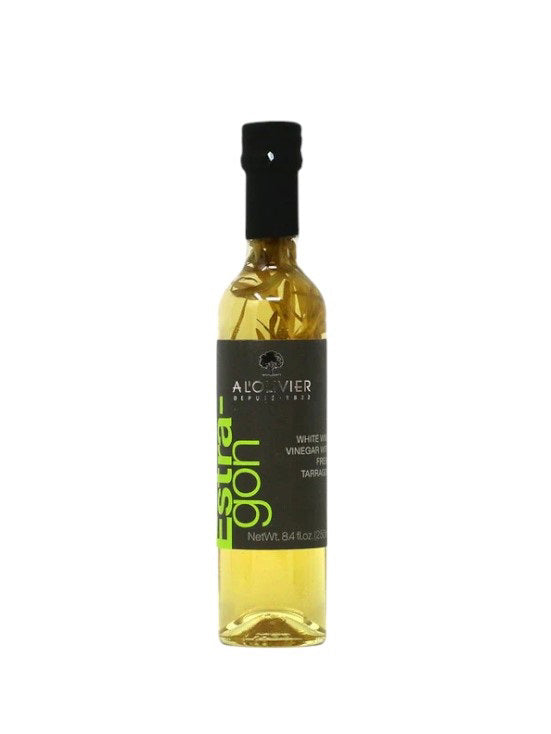 A L’OLIVIER White Wine Vinegar Tarragon by Atalanta Corporation in a glass bottle with a black cap and a black-green label on white.