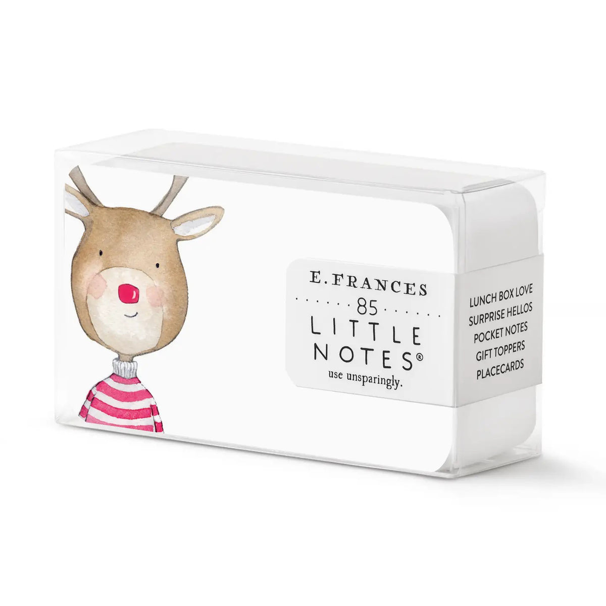 E. FRANCES PAPER’s RUDOLPH LITTLE NOTES: 85 cute reindeer-themed notes in a clear box—perfect for lunchboxes, surprise messages, gift toppers, or place cards. Add a thoughtful touch to any occasion!.