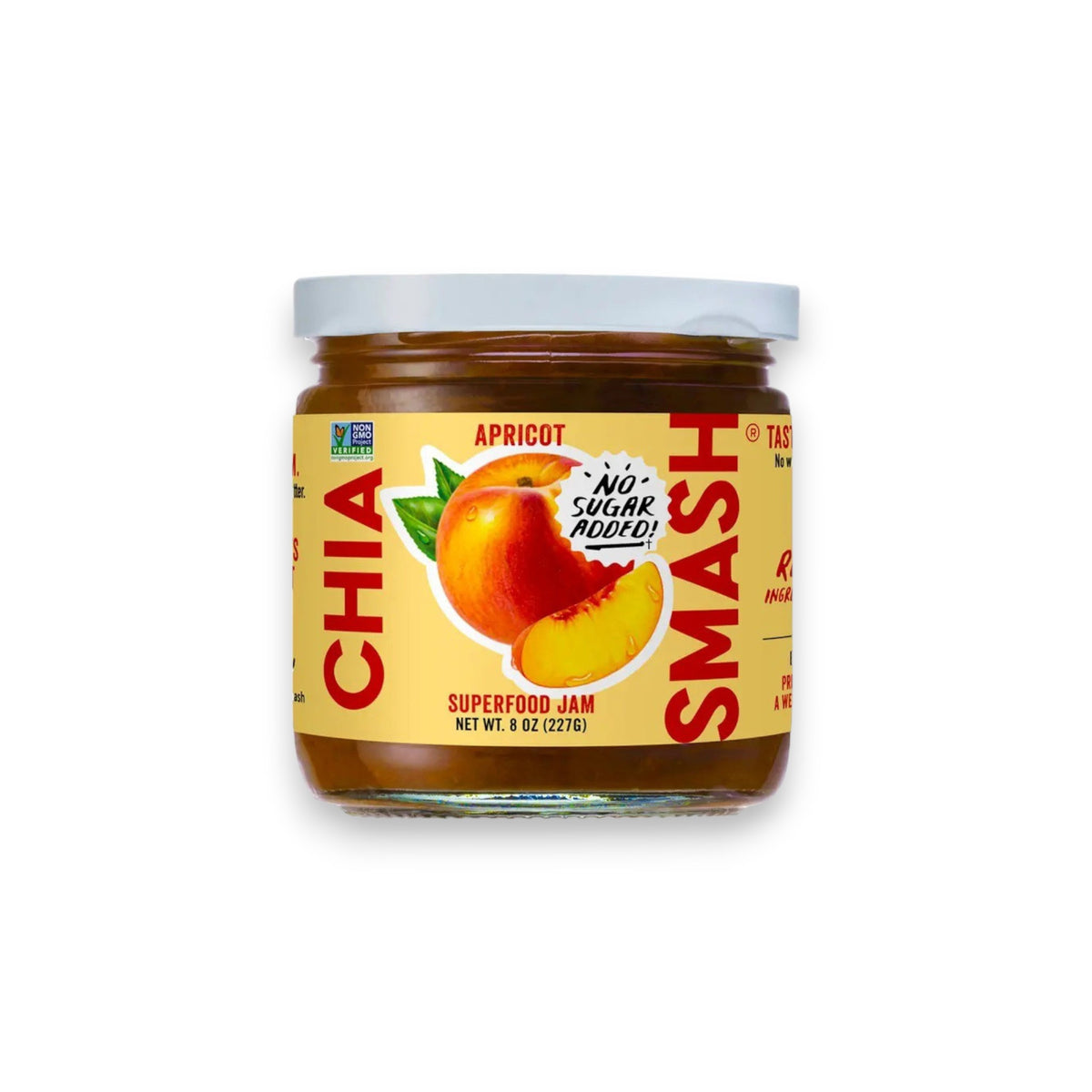 The jar of CHIA SMASH - APRICOT CHIA JAM features "No Sugar Added" and apricots on its label, is enriched with chia seeds, made from upcycled fruit, holds 8 oz (227g) of jam, and displays a non-GMO logo.