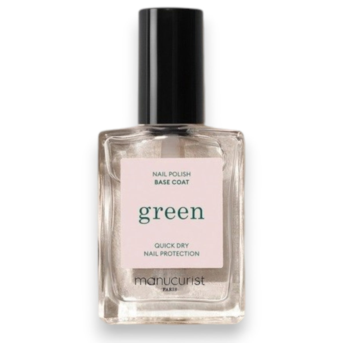 A clear glass bottle of MANUCURIST - GREEN™ BASE COAT by MANUCURIST INC, featuring a black cap and a white label with green and black text, part of their vegan nail care collection.