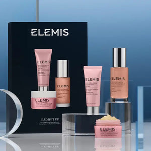 The ELEMIS - PLUMP IT UP GIFT SET by ELEMIS - STEINER features three rose-infused skincare essentials for plumping hydration: Pro-Collagen Rose Marine Cream, Cleansing Balm, and Micro Serum.