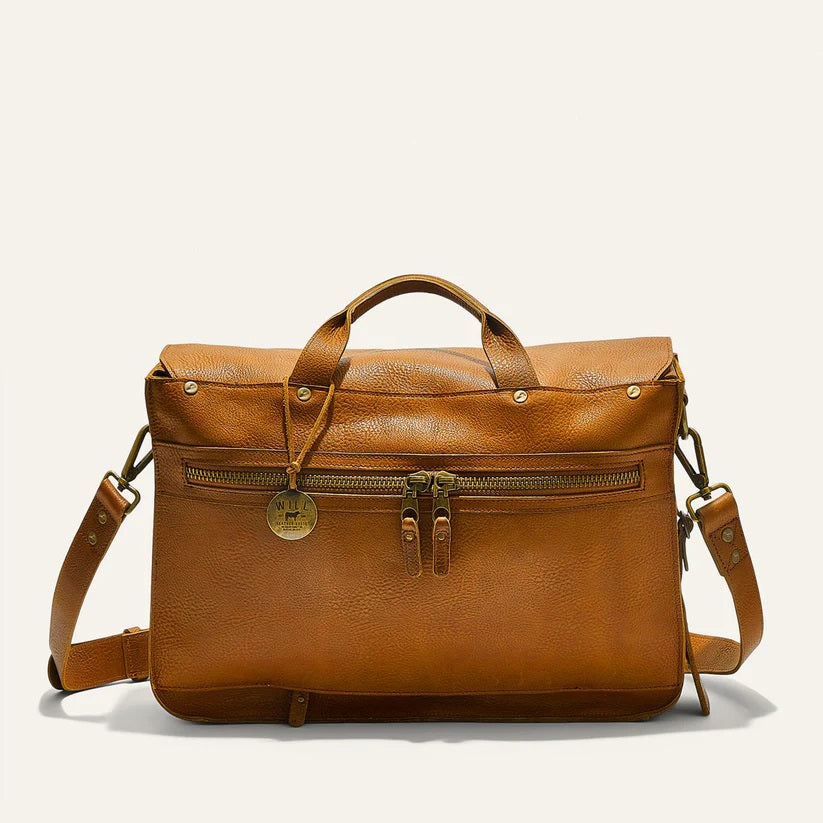 The WILL LEATHER GOODS - KENT MESSENGER BAG IN TAN features full-grain leather, a top handle, front flap with metal clasp, adjustable shoulder strap, and a laptop sleeve, shown against an off-white background.