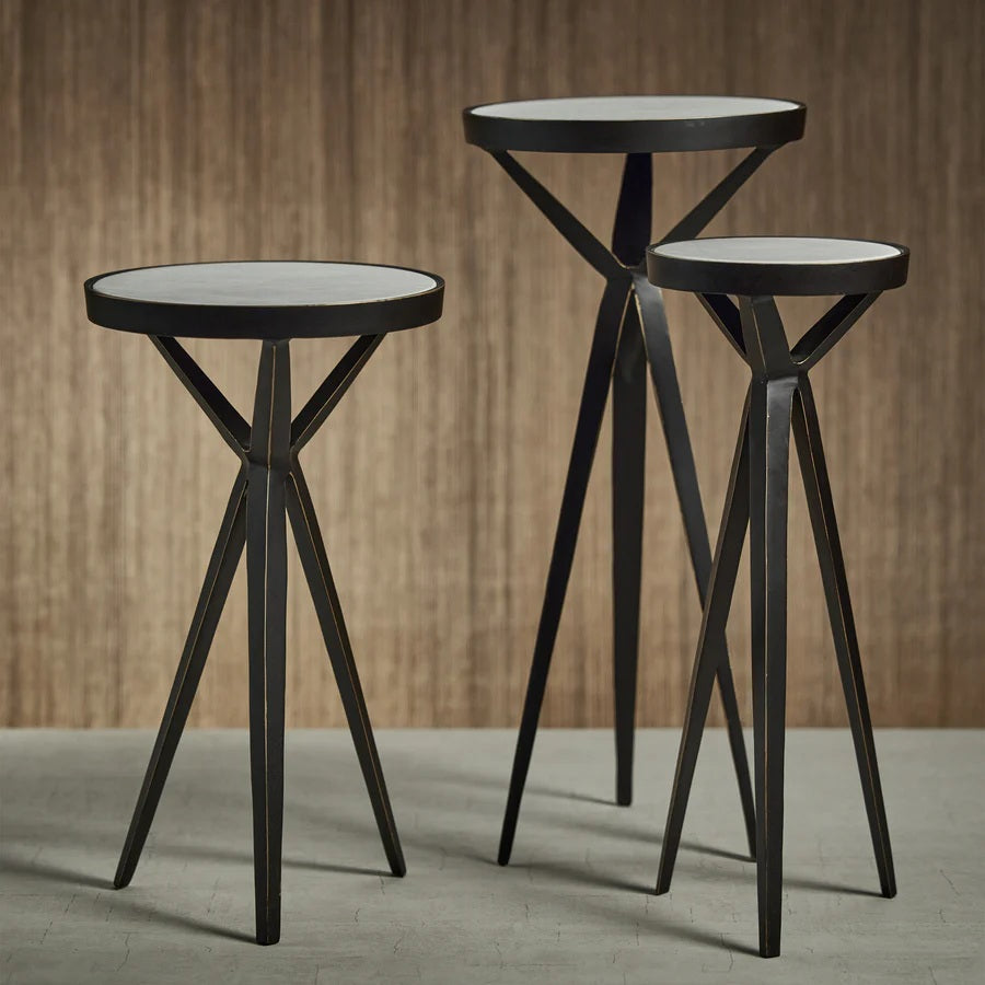 The STUART COCKTAIL TABLE WITH MARBLE TOP - TALL by ZODAX is a modern, small, round table featuring a sleek marble top and three slender black tripod legs.