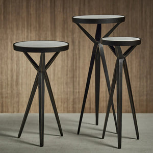 The STUART COCKTAIL TABLE WITH MARBLE TOP - TALL by ZODAX is a modern, small, round table featuring a sleek marble top and three slender black tripod legs.