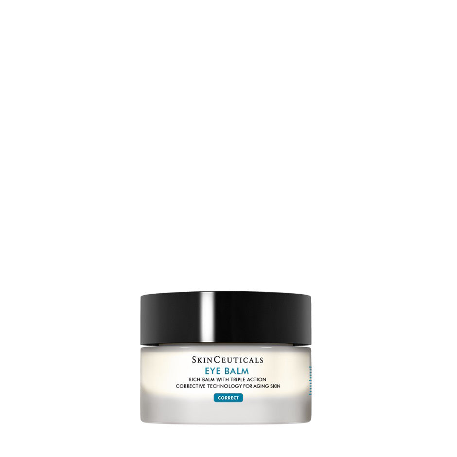 A jar of SKINCEUTICALS - EYE BALM, a hydrating eye cream from SKIN CEUTICALS, with a hand applying it. Apply generously to clean fingertips and gently pat onto brow and under-eye area, avoiding eyelids.