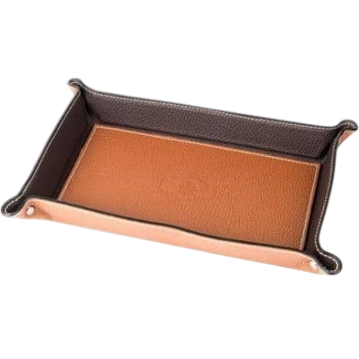 Handmade in Italy, this LARGE RECTANGULAR HAMMERED LEATHER VALET TRAY IN SADDLE is a rectangular tray with a light brown interior and dark brown sides, held together at the corners with metal snaps.