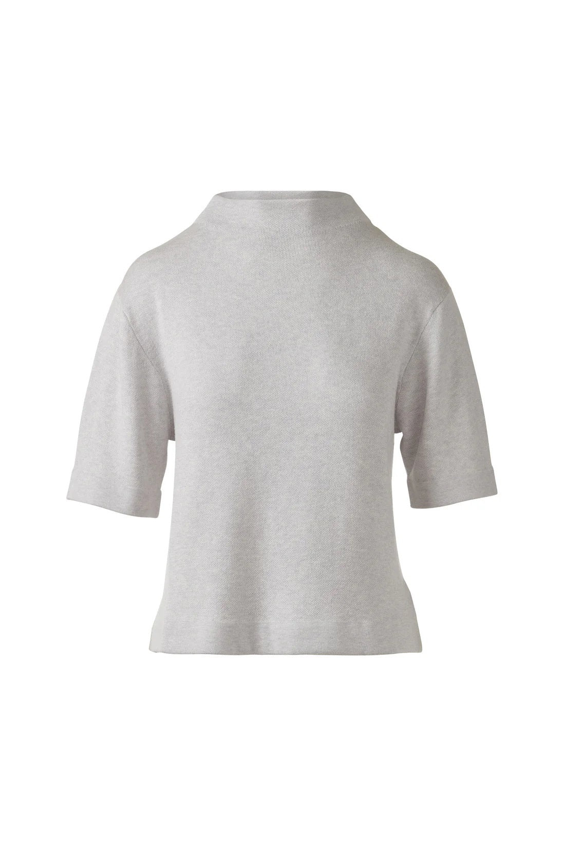 The KINROSS EASY LOW FUNNEL NECK COTTON SWEATER by KINROSS is a plain, short-sleeved, light grayish-green knit top with a relaxed fit and high round neckline, shown on a white background.