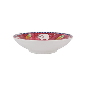 The VIETRI Melamine Campagna Pasta Bowl features a red interior with playful pig and fruit designs, a blue patterned edge, and a durable white melamine build—perfect for outdoor dining.
