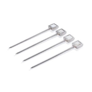 The ZODAX SPIGA Set of 4 Cocktail Picks with Stand features sleek metal picks with square mother of pearl tops in a metallic holder with round base. Ideal for stylish home bars. Set photographed on a plain white background.