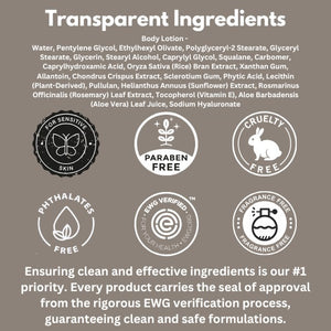 A four-part image showcases the HYGIENELAB - BODY LOTION, UNSCENTED, spotlighting key ingredients Tocopherol, Squalane, and Aloe Barbadensis along with their skin benefits. The composition features a “Clean Non-Toxic Formula” bottle from HYGIENELAB bearing a health certification badge. This dermatologist-approved body lotion is also EWG Verified, ensuring your peace of mind.