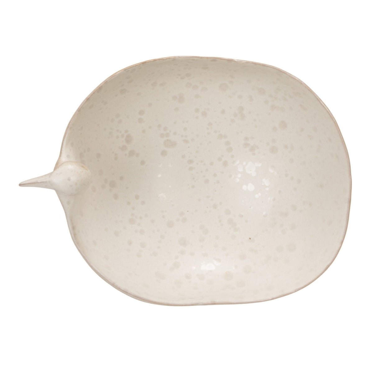 A close-up of the CREATIVE COOP WHITE SPECKLED BIRD-SHAPED STONEWARE FOOTED BOWL, featuring a gull-inspired design with a long beak and a smooth beige and light brown reactive glaze.
