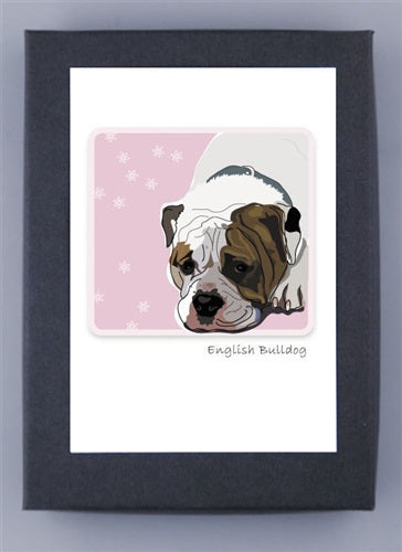 A depiction of an English Bulldog lying on a light pink background with snowflakes, framed with a dark border and labeled "English Bulldog," printed on premium recycled paper, titled PAPER RUSSELS - ENGLISH BULLDOG BOX NOTES by PAPER RUSSELLS.