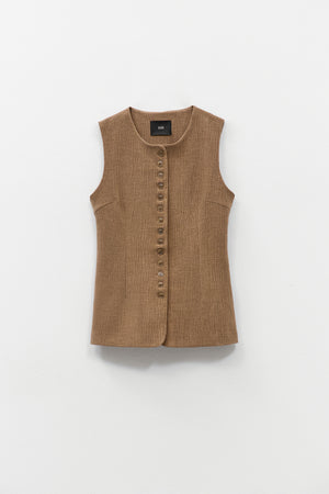 ELEH - THE ATLIER VEST by ELEH: A sleeveless, textured brown crinkle fabric vest with a round neckline and small front buttons, shown against a white background.