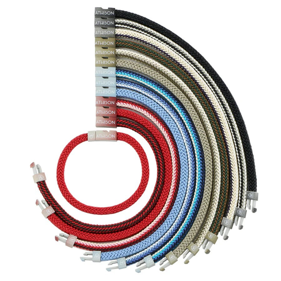 Nine ATHISON SQUARE BRAIDED COTTON BRACELET IN FIRE V2 pieces in assorted colors (black, beige, red, blue, gray, and cream) are fanned out and feature "ATHISON" branding with metal connectors—crafted as stylish eco-friendly jewelry.