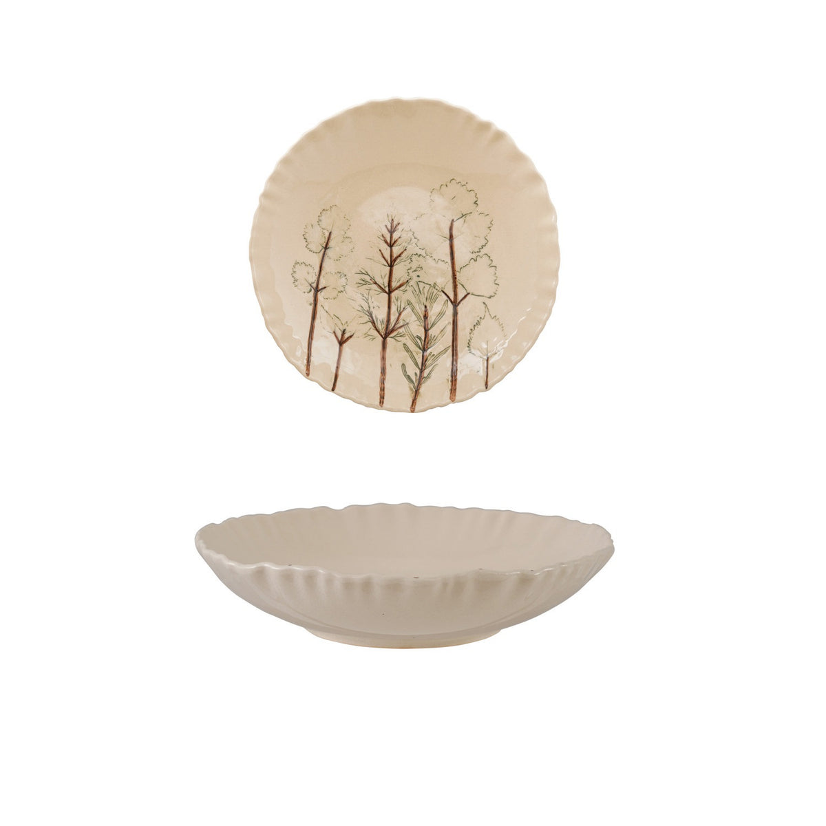Two views of the CREATIVE COOP HAND-PAINTED ORGANIC SHAPED STONEWARE LOW BOWL WITH BOTANICALS: one features botanical artwork of trees inside, while the other shows its scalloped, organic-shaped edge.