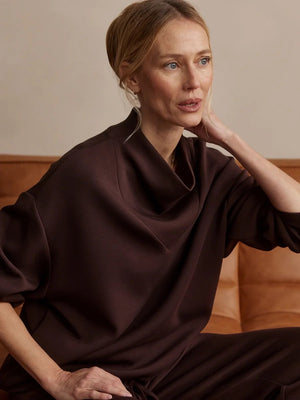 VARLEY - BETSY SWEATSHIRT IN COFFEE BEAN in dark brown DoubleSoft fabric, featuring a long-sleeved silhouette with a high cowl neckline and a drawstring hem.