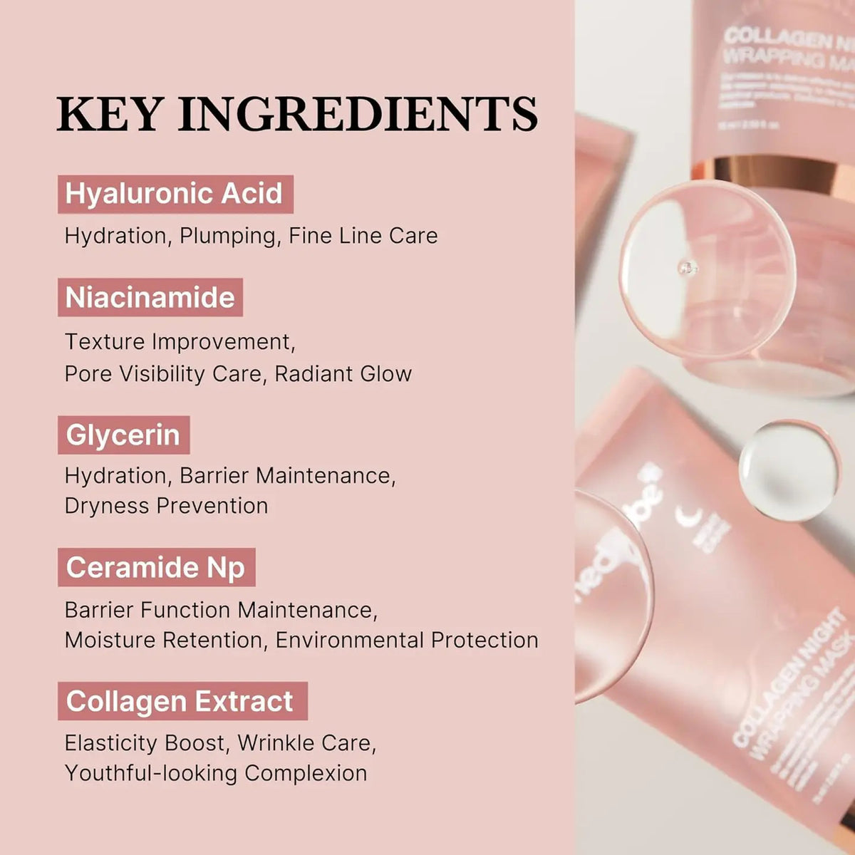 The pink 75 ml tube of MEDICUBE - COLLAGEN OVERNIGHT WRAPPING PEEL OFF FACIAL MASK from ASIAN BEAUTY WHOLESALE features &quot;Collagen Extract,&quot; &quot;Infused with moisture,&quot; and &quot;Hyaluronic &amp; Ceramide NP.&quot; It boosts elasticity, forming a collagen wrapping film for night care, marked by a crescent moon icon.