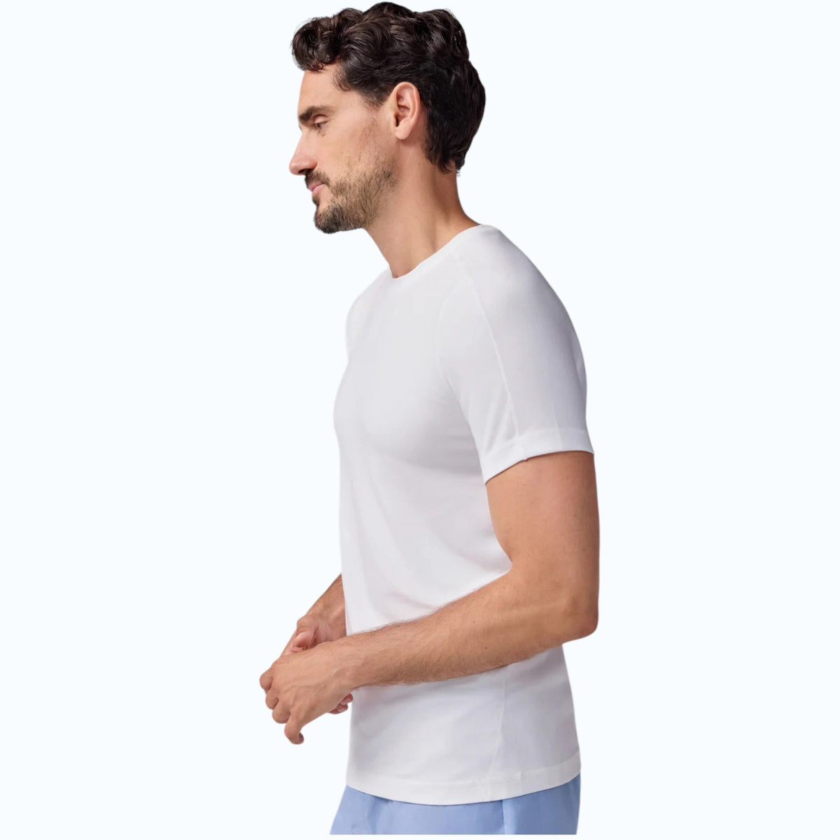 The MACK WELDON 18 Hour Jersey Crewneck Undershirt in Bright White is a slim-fit, short-sleeve tee crafted from soft jersey, shown laid flat on a white background.