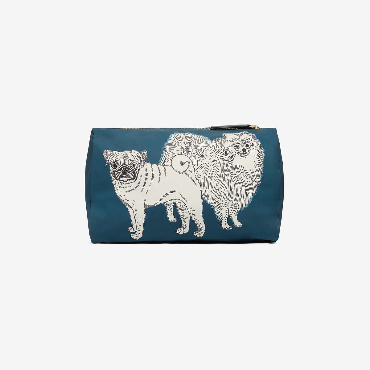 The INOUI EDITIONS TOUTOU Doggie Nylon Cosmetic Case in Duck Blue features black and white illustrations of a pug and a fluffy Pomeranian standing side by side.