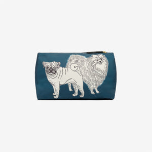 The INOUI EDITIONS TOUTOU Doggie Nylon Cosmetic Case in Duck Blue features black and white illustrations of a pug and a fluffy Pomeranian standing side by side.