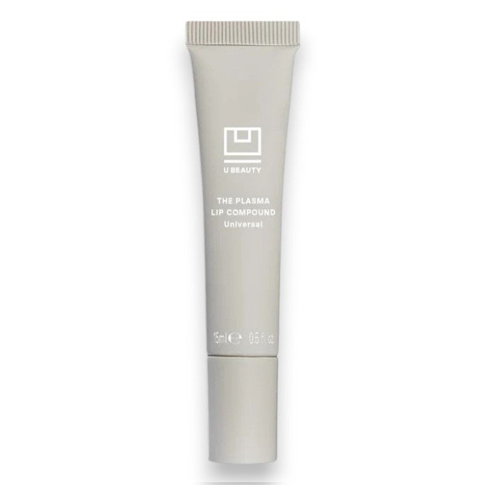 A gray tube of U BEAUTY THE PLASMA LIP COMPOUND 15ML, a hydrating lip treatment with a ribbed cap and minimalist design, stands upright against a white background.