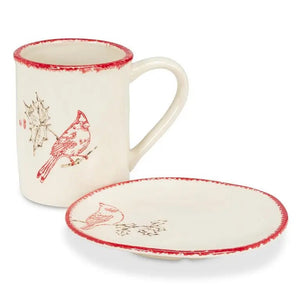 ABBOTT CARDINAL STAMP PLATE, a cream-colored stoneware plate featuring a red cardinal perched on a branch, with a decorative red trim along the edge.