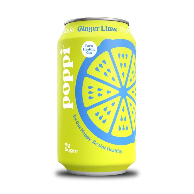 A yellow can of POPPI - GINGER LIME prebiotic soda features blue lemon slice graphics, white and blue text, “For a Healthy Gut,” and 4g sugar. Infused with apple cider vinegar for digestive health, the can stands on a white background.