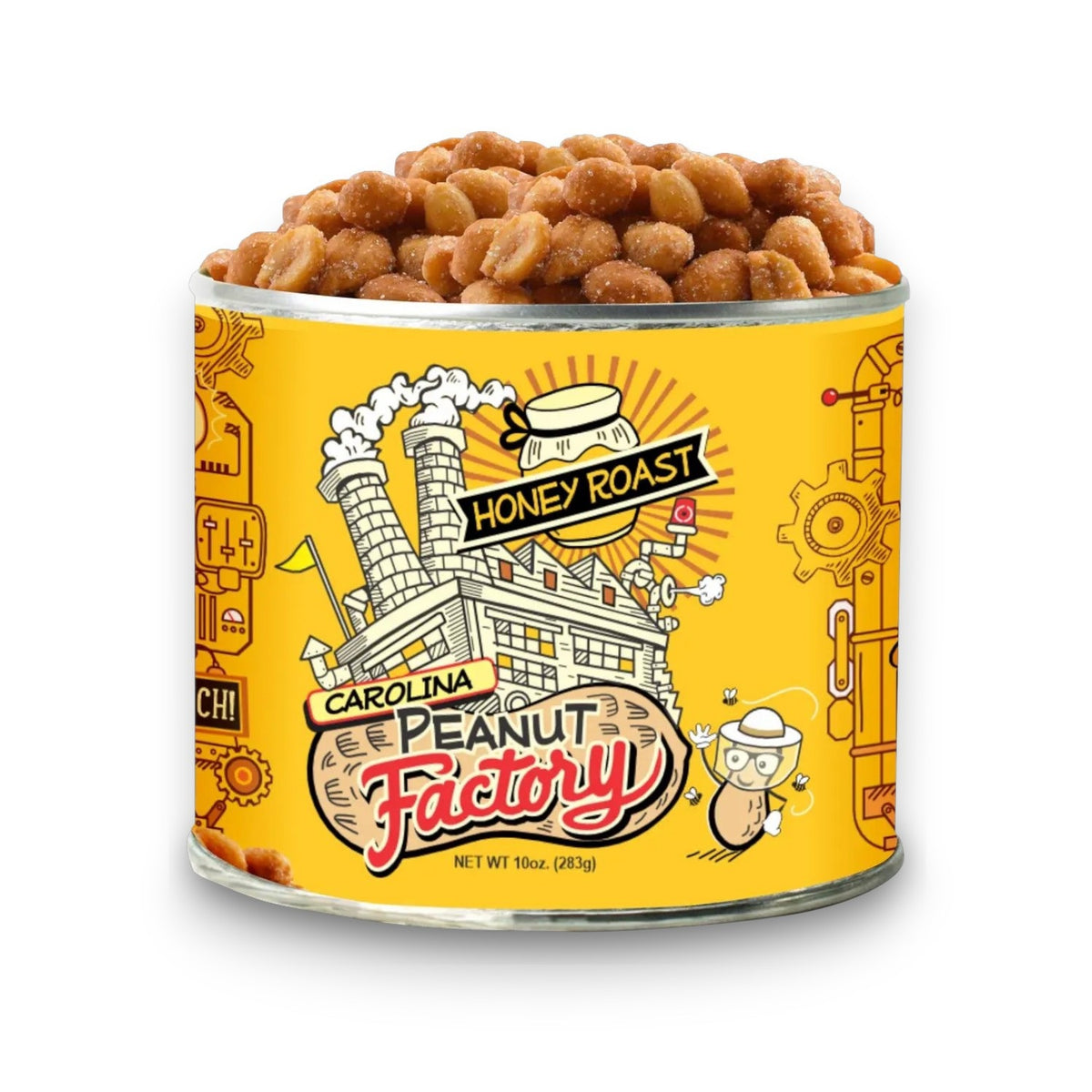 A can labeled “1949 NUT COMPANY - HONEY ROASTED PEANUTS” brims with sweet honey roasted peanuts, featuring eye-catching design accents—ideal for anyone who loves irresistible honey-flavored snacks from 1949 NUT COMPANY.