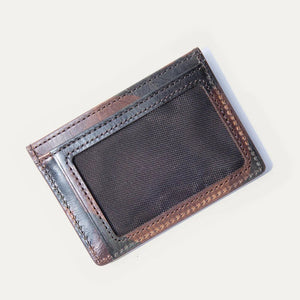 Two WILL LEATHER GOODS Military Pocket Card Cases in military green are shown on a light background: one features RFID-blocking protection with a transparent ID slot, while the other displays card slots and an embossed animal logo.