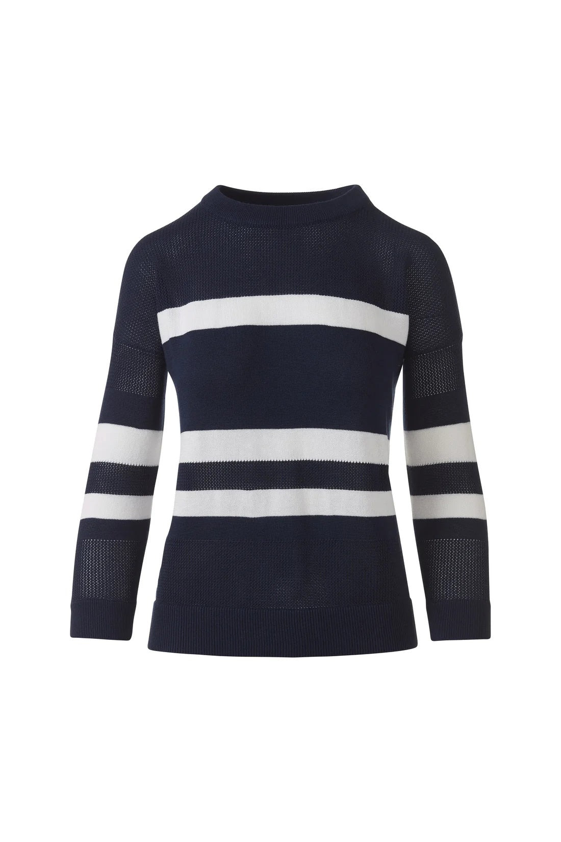 Against a white background, a person wears the KINROSS CASHMERE Mesh Stripe Crew Neck Cotton Sweater in navy with white stripes from KINROSS, paired with white pants, posing hands behind their back and a neutral expression.
