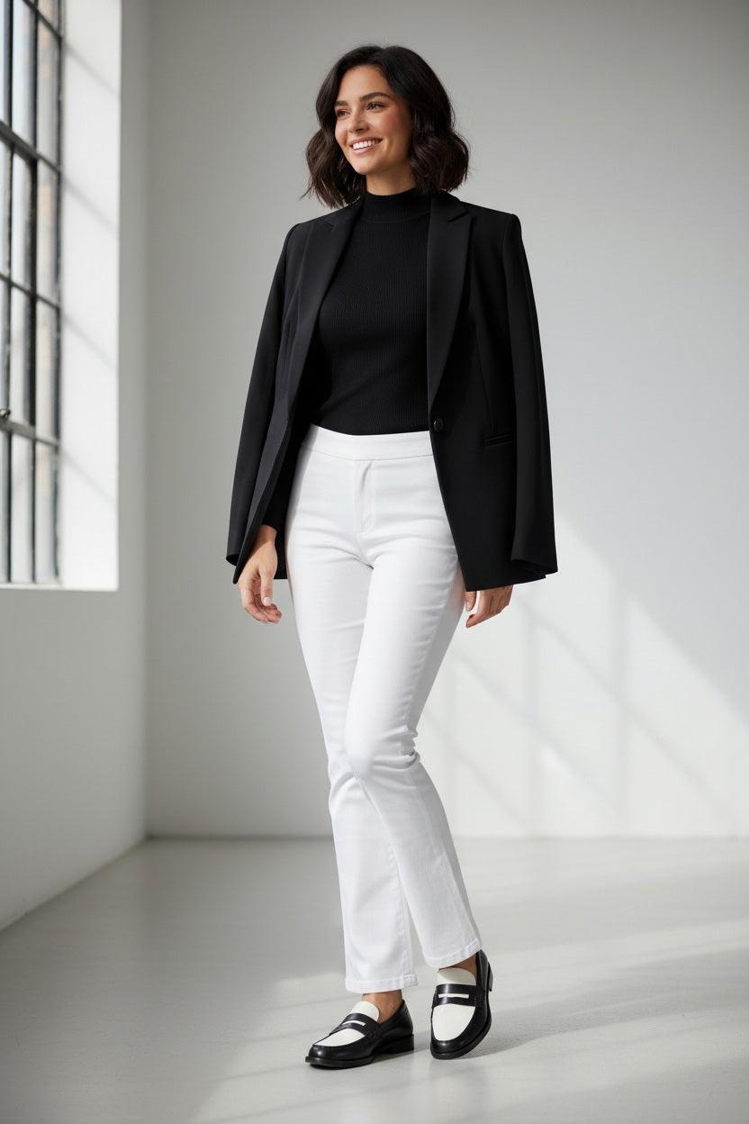 A woman stands in profile against a plain light background, wearing a black blazer draped over her shoulders, a black top, and the SPANX ON THE GO KICK FLARE pant—crafted with Ultimate Opacity Technology for comfort—paired with black loafers.
