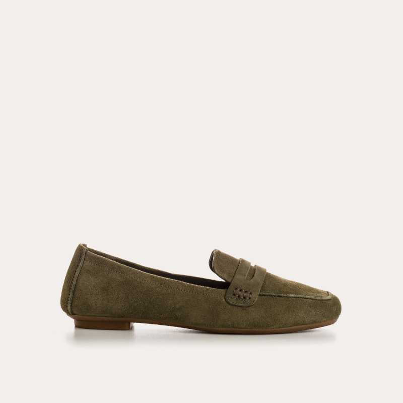 REQINS - HEMA suede loafers in olive feature a classic silhouette, flat sole, decorative upper strap, and comfortable leather insole, shown in side profile against a plain light background.