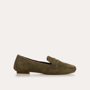 REQINS - HEMA suede loafers in olive feature a classic silhouette, flat sole, decorative upper strap, and comfortable leather insole, shown in side profile against a plain light background.