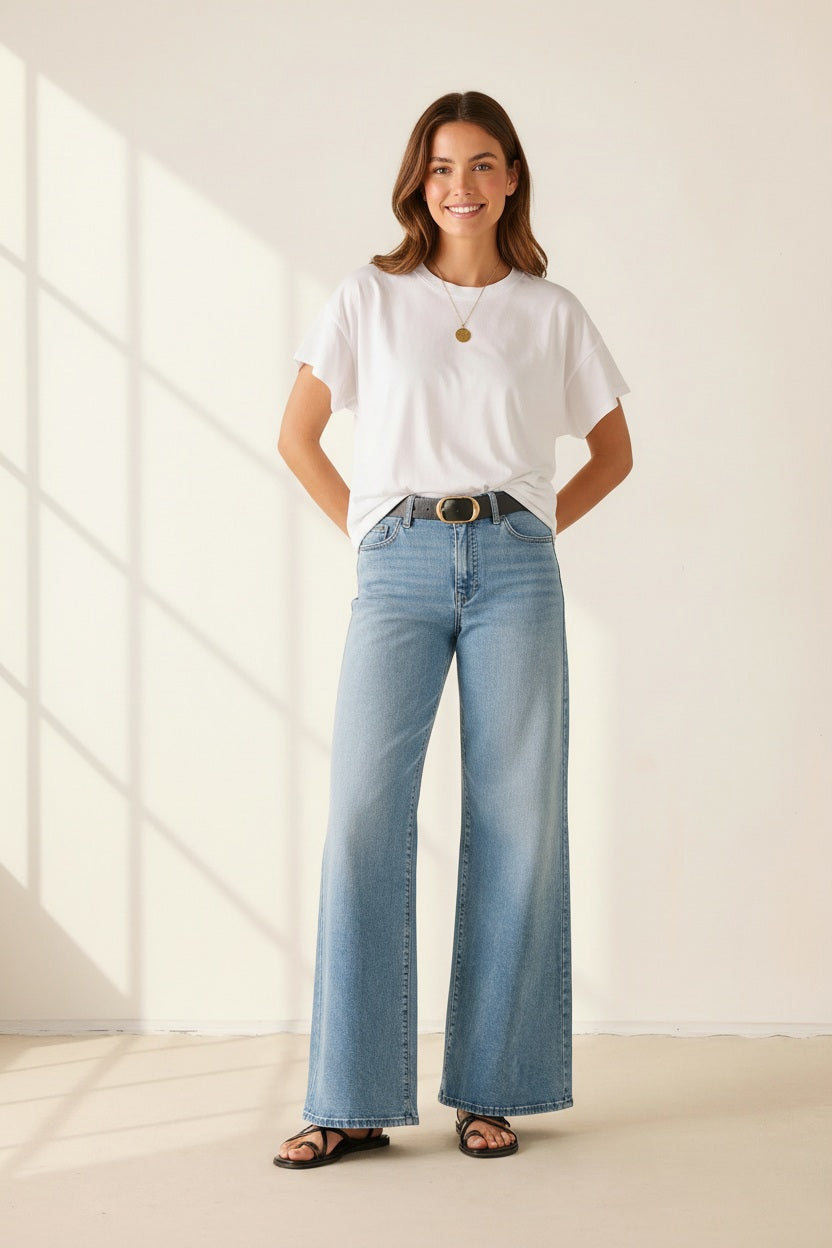 A woman stands against a plain light background wearing a white t-shirt, black sandals, and the MERSEA KATE Wide Leg Jeans in Cloud Nine—a relaxed fit, light blue four-way stretch denim style. Her head is turned away as she steps forward with one leg.